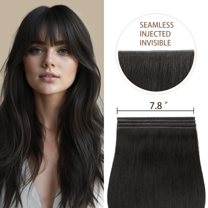 Meiverah 7.87 x 0.32 Inch Long Seamless Hand-Tied Invisible Tape-In Hair Extensions (4 Pcs) - Virgin Human Hair (#1B)