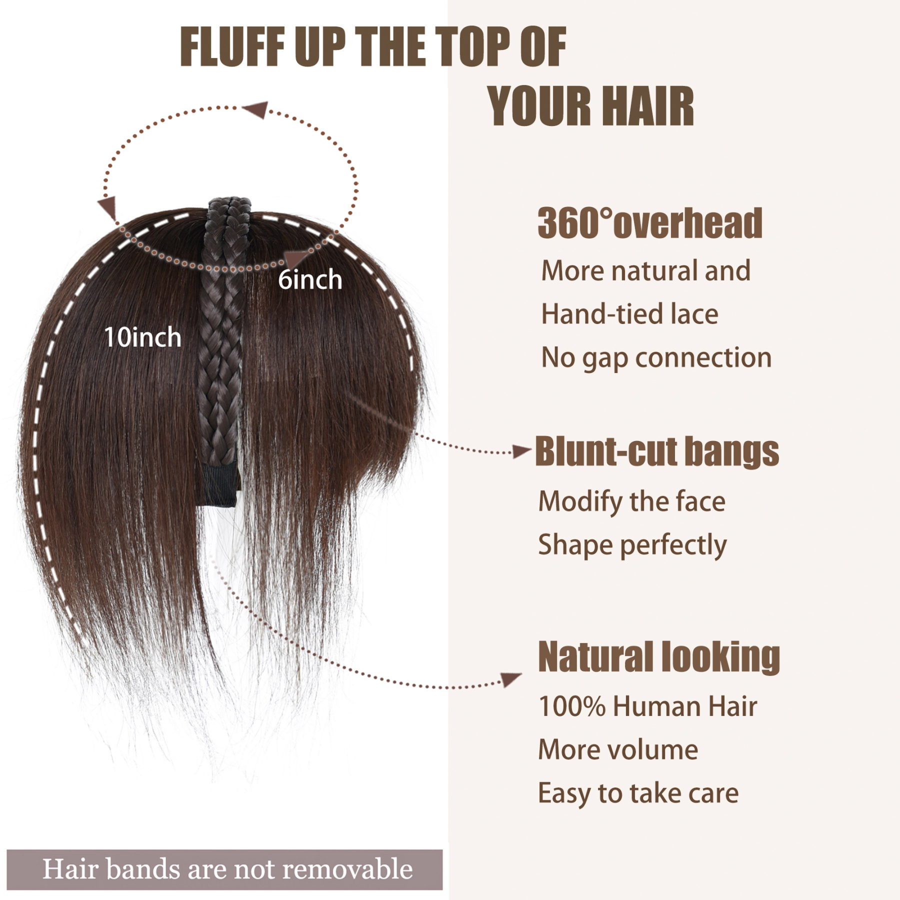 Meiverah Hair Twist Braid Headband Straight Hairpieces Human Hair Clip In Topper Hair Extension With Bangs Invisible Natural(Style 2 Dark Brown)