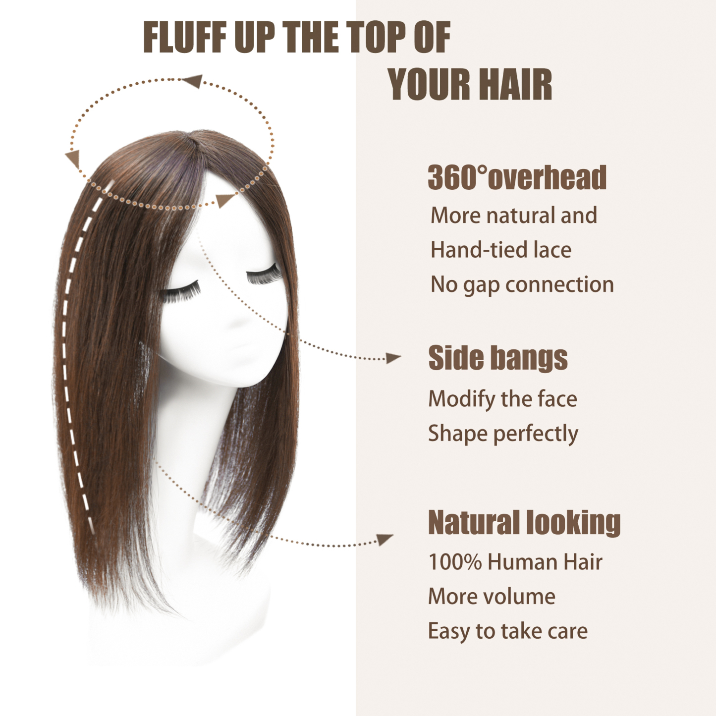Meiverah Real Human Hair Full Hand-tied Swiss Mono Base Topper NO Bangs  Clip-In Thick Hairpiece for Women (#2 Medium Brown )