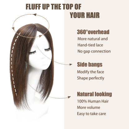 Meiverah Real Human Hair Full Hand-tied Swiss Mono Base Topper NO Bangs  Clip-In Thick Hairpiece for Women (#2 Medium Brown )