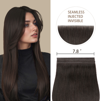 Meiverah 7.87 x 0.32 Inch Long Seamless Hand-Tied Invisible Tape-In Hair Extensions (4 Pcs) - Virgin Human Hair (#2)