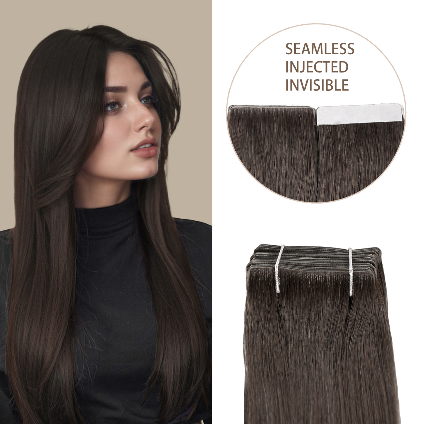 Meiverah Seamless Injected Hand-Tied Tape In Hair Extensions 20 Pcs/50 g Virgin Human Hair (#2)