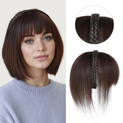 Meiverah Hair Twist Braid Headband Straight Hairpieces Human Hair Clip In Topper Hair Extension With Bangs Invisible Natural(Style 2 Dark Brown)