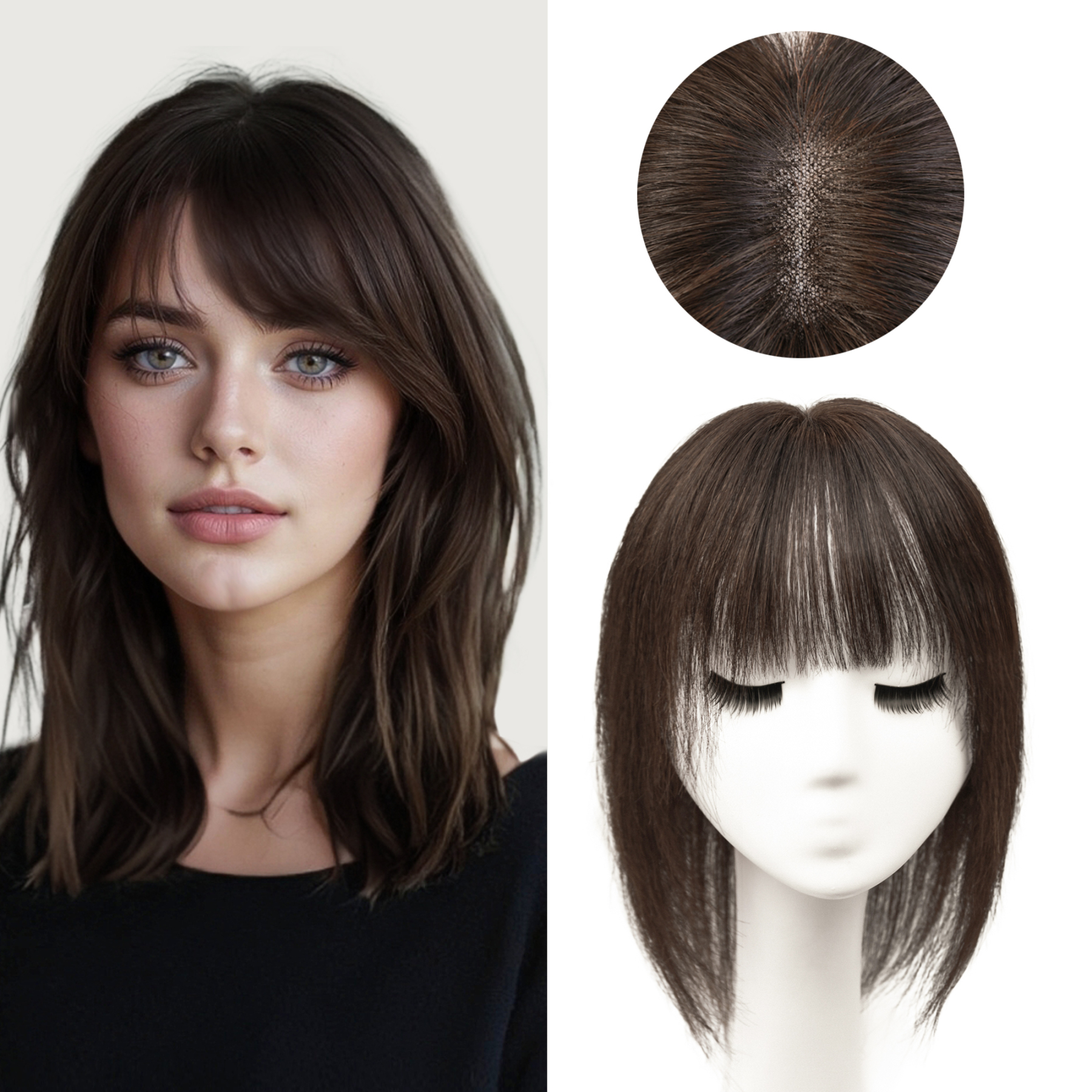 Meiverah Hair Real Human Hair Topper with Bangs - Clip-In Thick Silk Base Hairpiece for Women (Dark Brown 2#)