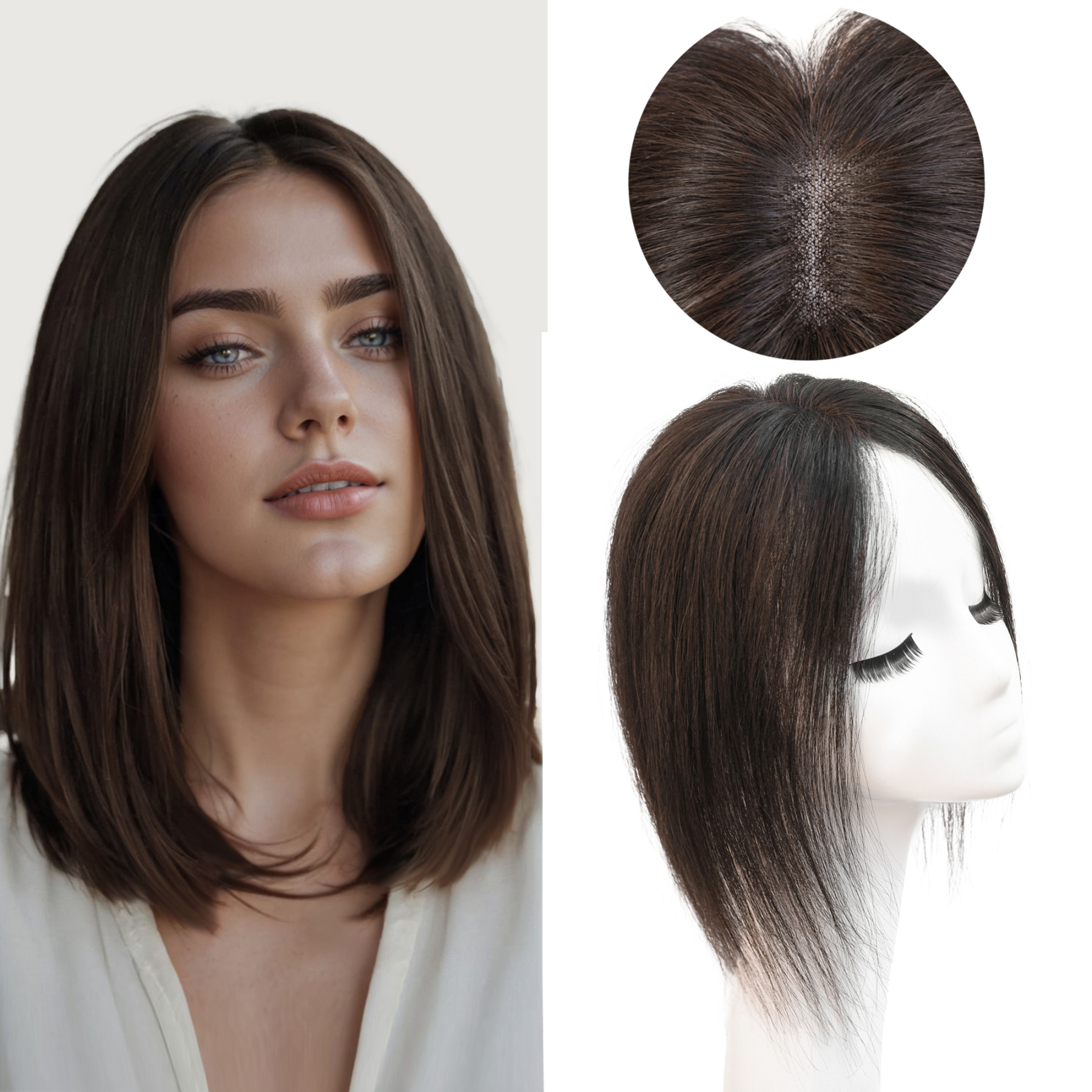 Meiverah Hair Real Human Hair Topper NO Bangs - Swiss Mono Base Hand-tied Clip-In Thick Hairpiece for Women (Dark Brown 2# )