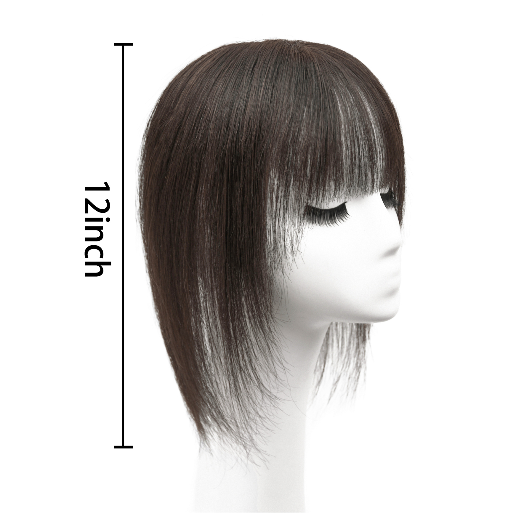 Meiverah Hair Real Human Hair Topper with Bangs - Clip-In Thick Silk Base Hairpiece for Women (Dark Brown 2#)