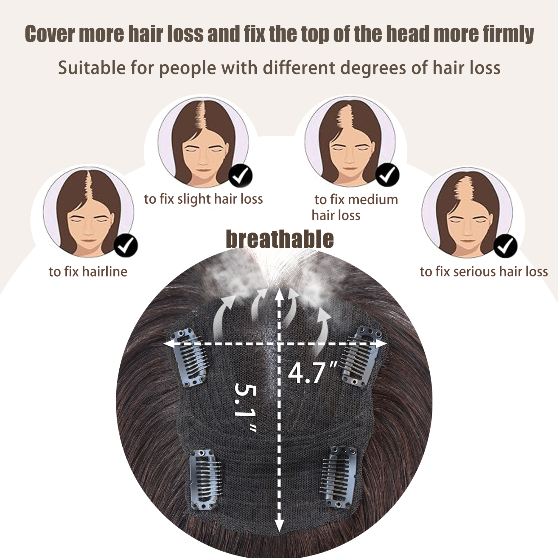 Meiverah Hair Real Human Hair Topper with Bangs - Clip-In Thick Silk Base Hairpiece for Women (Dark Brown 2#)