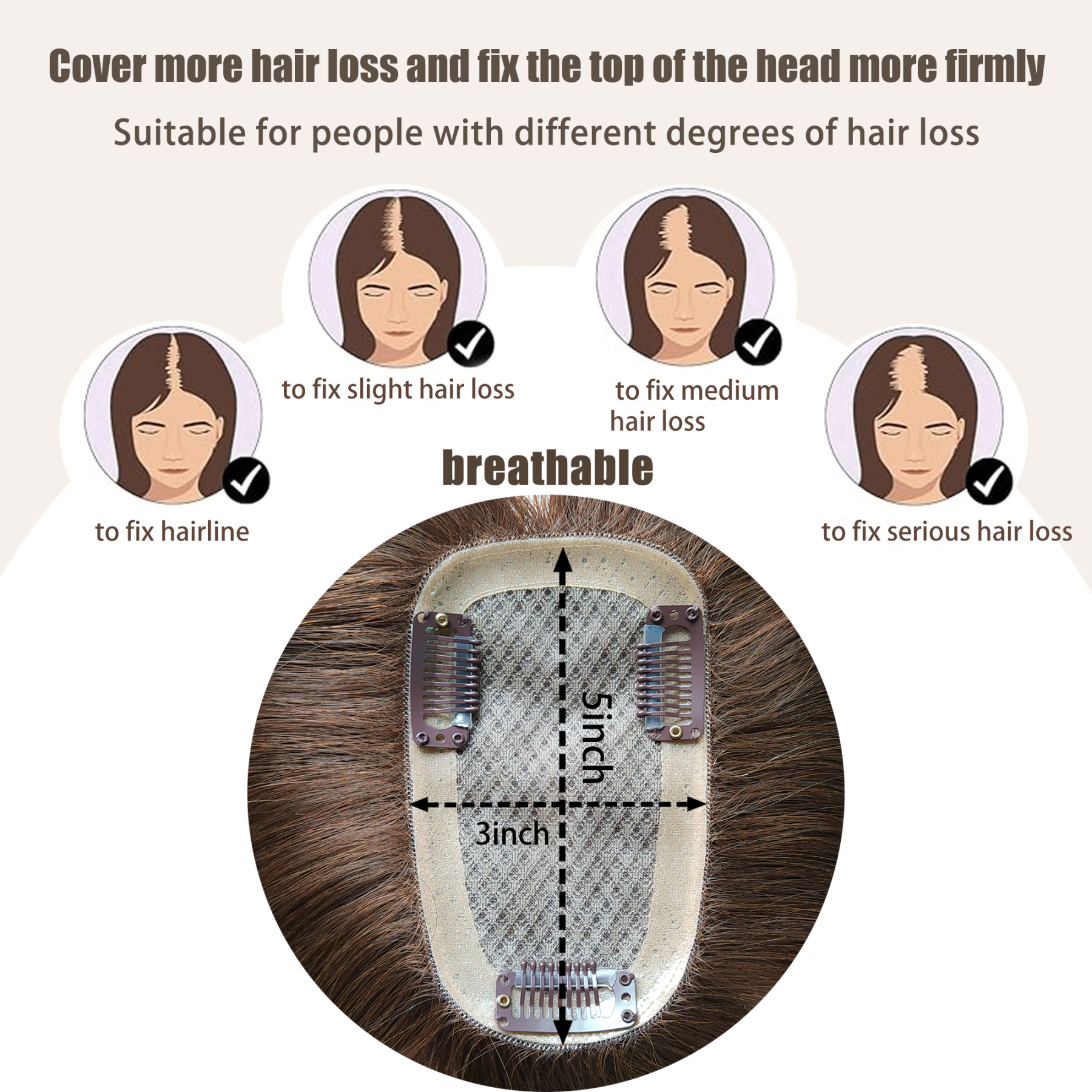 Meiverah Real Human Hair Full Hand-tied Swiss Mono Base Topper NO Bangs  Clip-In Thick Hairpiece for Women (#4 light brown)