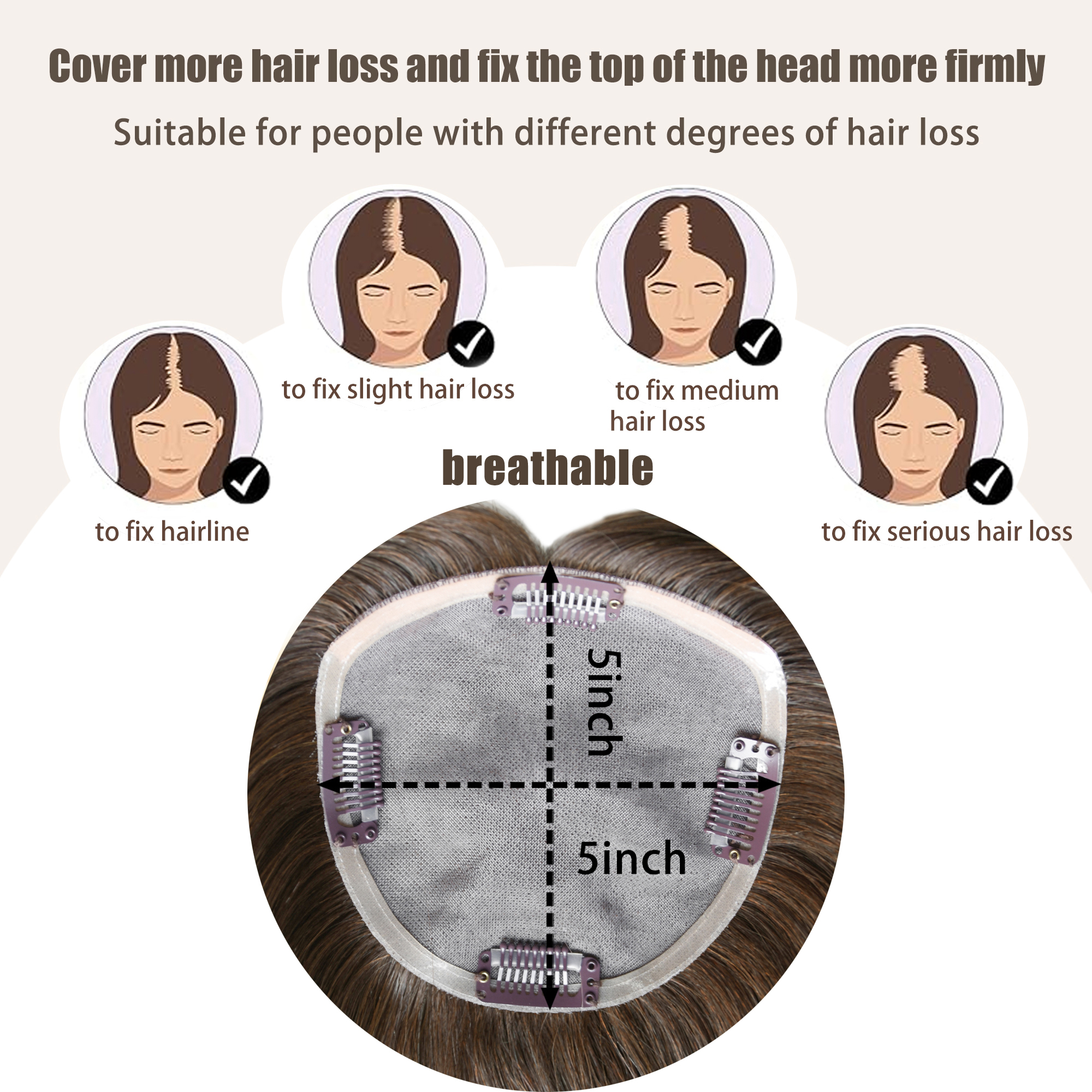 Meiverah Real Human Hair Full Hand-tied Swiss Mono Base Topper NO Bangs  Clip-In Thick Hairpiece for Women (#2 Medium Brown )