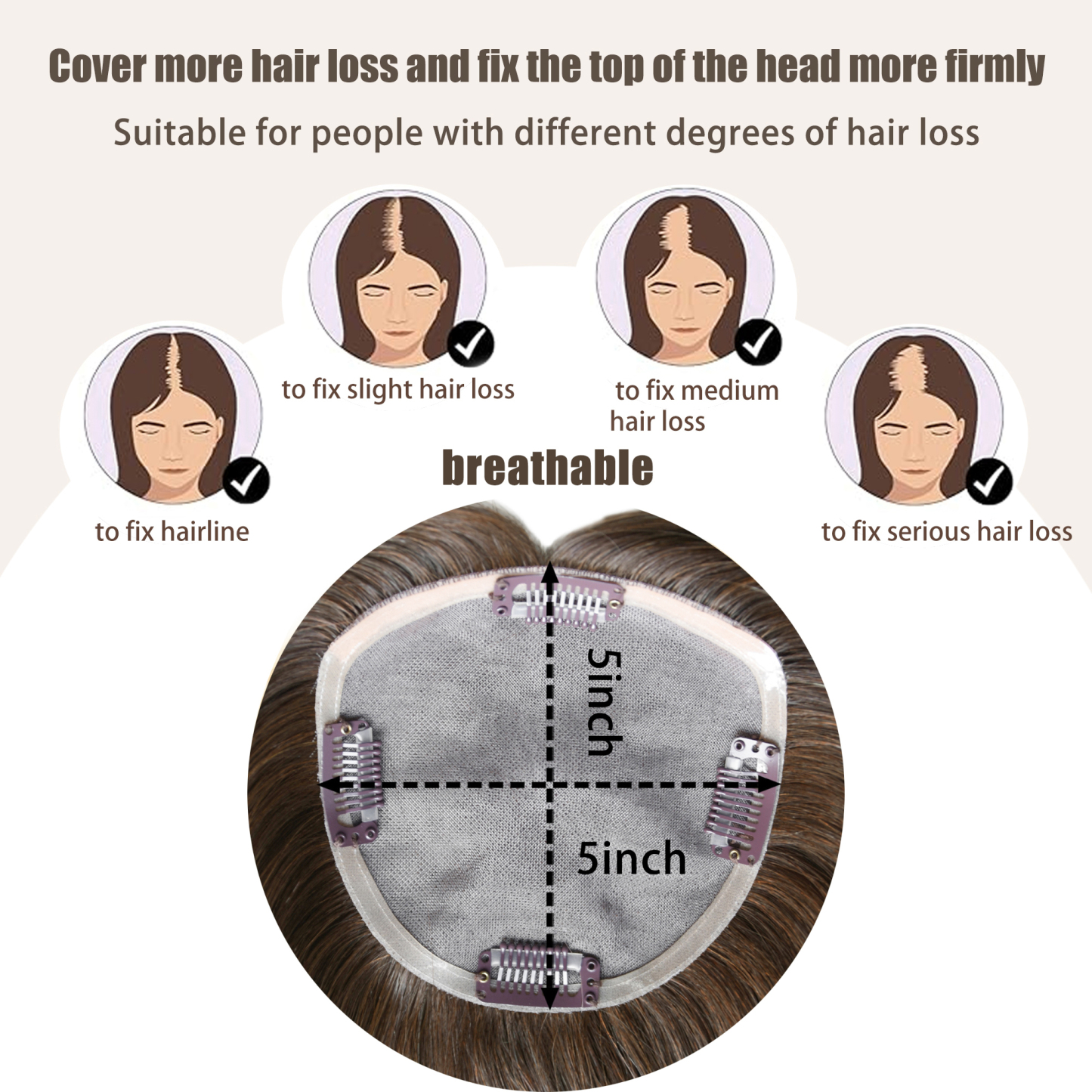 Meiverah Real Human Hair Full Hand-tied Swiss Mono Base Topper NO Bangs  Clip-In Thick Hairpiece for Women (#2 Medium Brown )