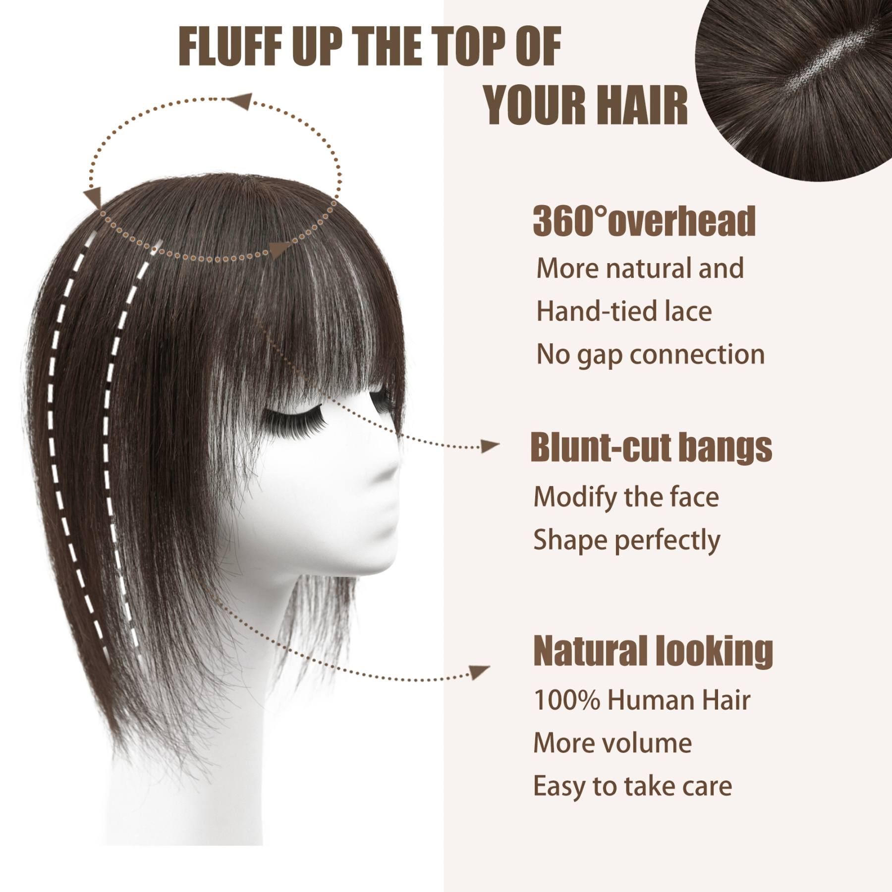 Meiverah Hair Real Human Hair Topper with Bangs - Clip-In Thick Silk Base Hairpiece for Women (Dark Brown 2#)
