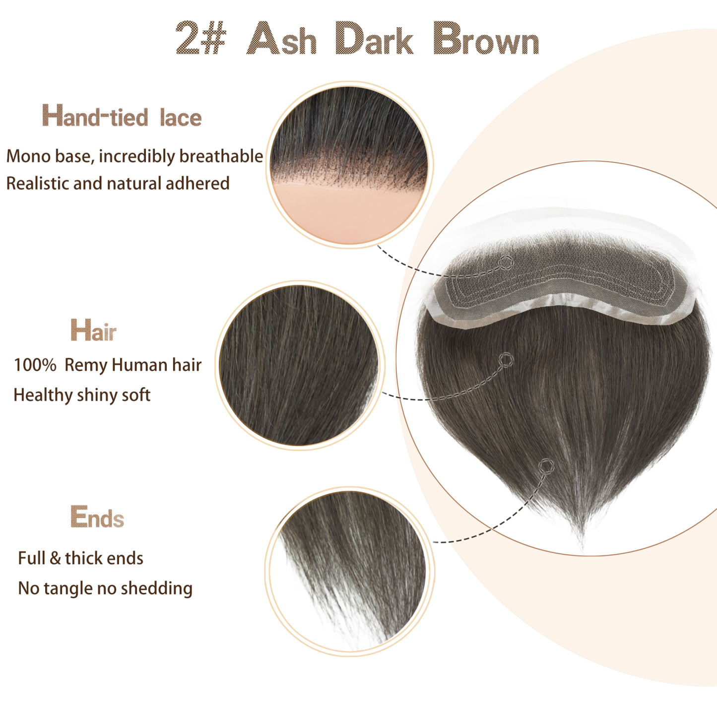 Meiverah Hand-Tied Mono Base Men's Hair System - Breathable, Realistic Hairline & Natural-Looking Hair Replacement（2#)