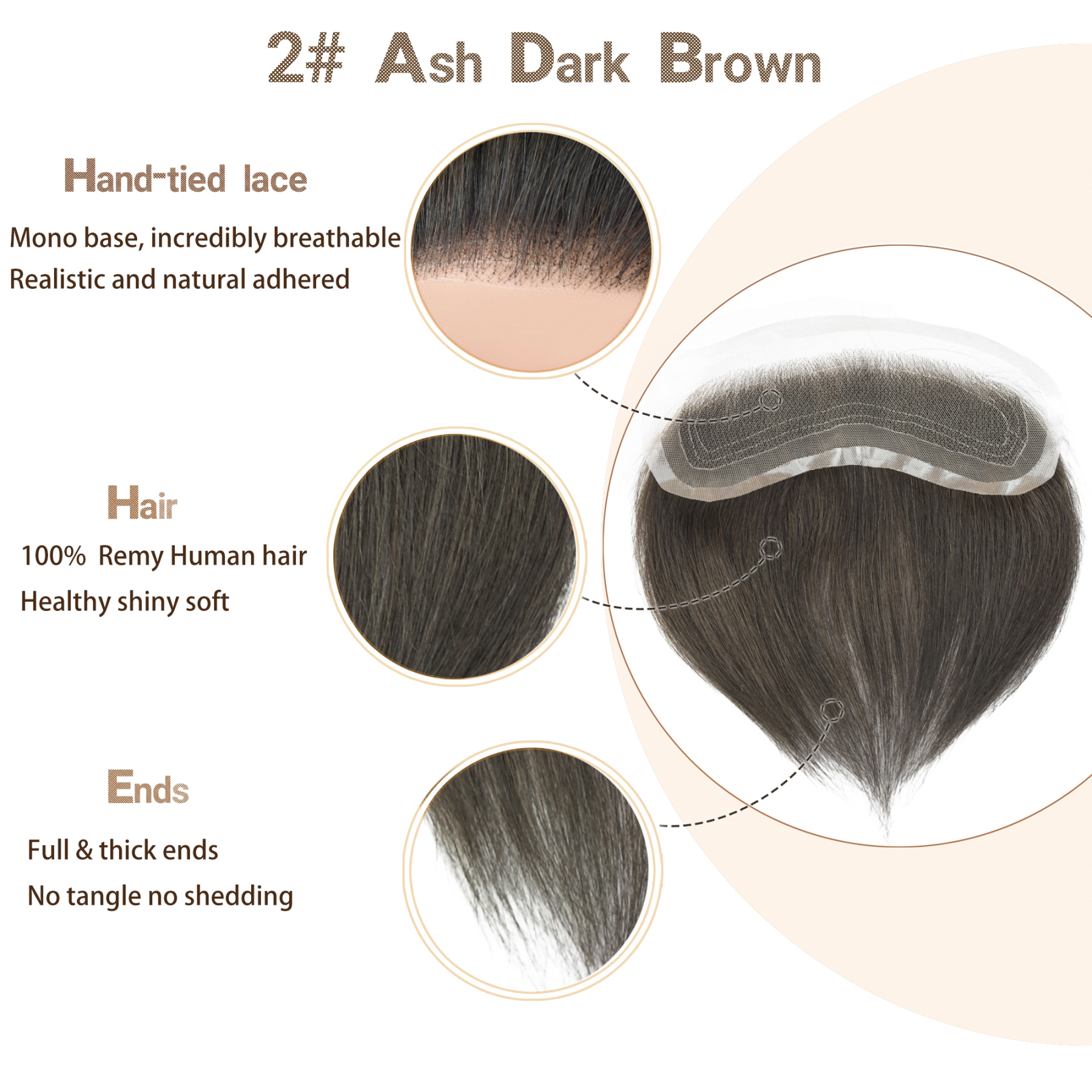 Meiverah Hand-Tied Mono Base Men's Hair System - Breathable, Realistic Hairline & Natural-Looking Hair Replacement（2#)