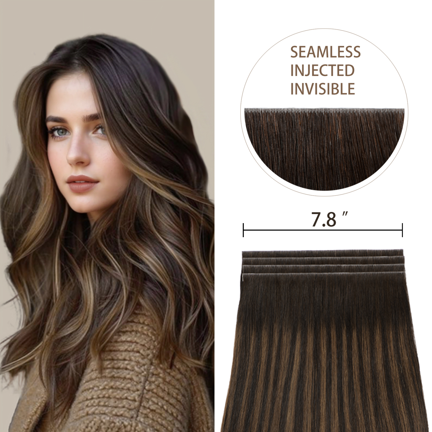 Meiverah 7.87 x 0.32 Inch Long Seamless Hand-Tied Invisible Tape-In Hair Extensions (4 Pcs) - Virgin Human Hair (#P2/6/T2)