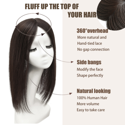 Meiverah Real Human Hair Full Hand-tied Mono Base Topper NO Bangs  Clip-In Thick Hairpiece for Women (#2 )