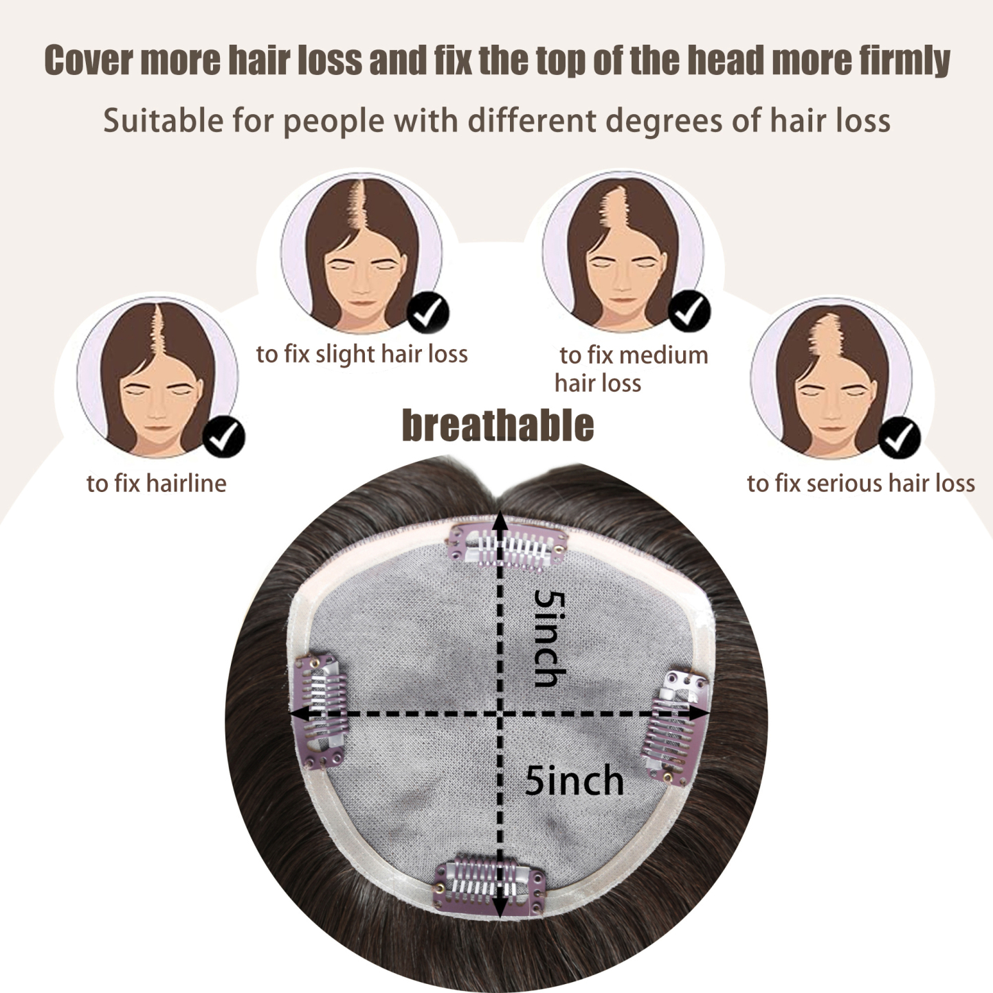 Meiverah Real Human Hair Full Hand-tied Mono Base Topper NO Bangs  Clip-In Thick Hairpiece for Women (#2 )