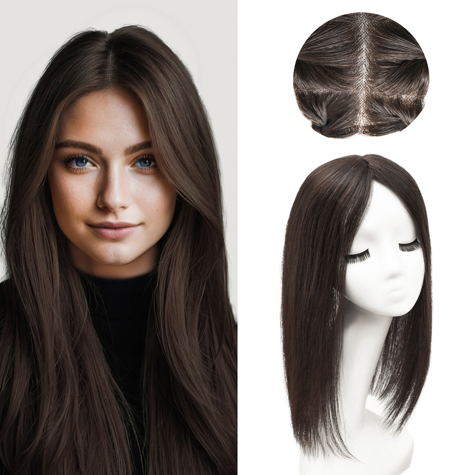 Meiverah Real Human Hair Full Hand-tied Mono Base Topper NO Bangs  Clip-In Thick Hairpiece for Women (#2 )