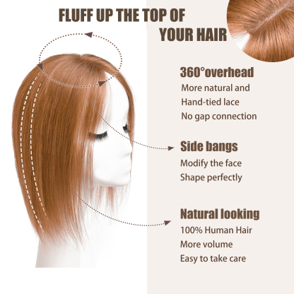 Meiverah Real Human Hair Swiss Mono Base Half Hand-tied Topper NO Bangs-Clip-In Thick Hairpiece for Women  (#30 Copper Red)