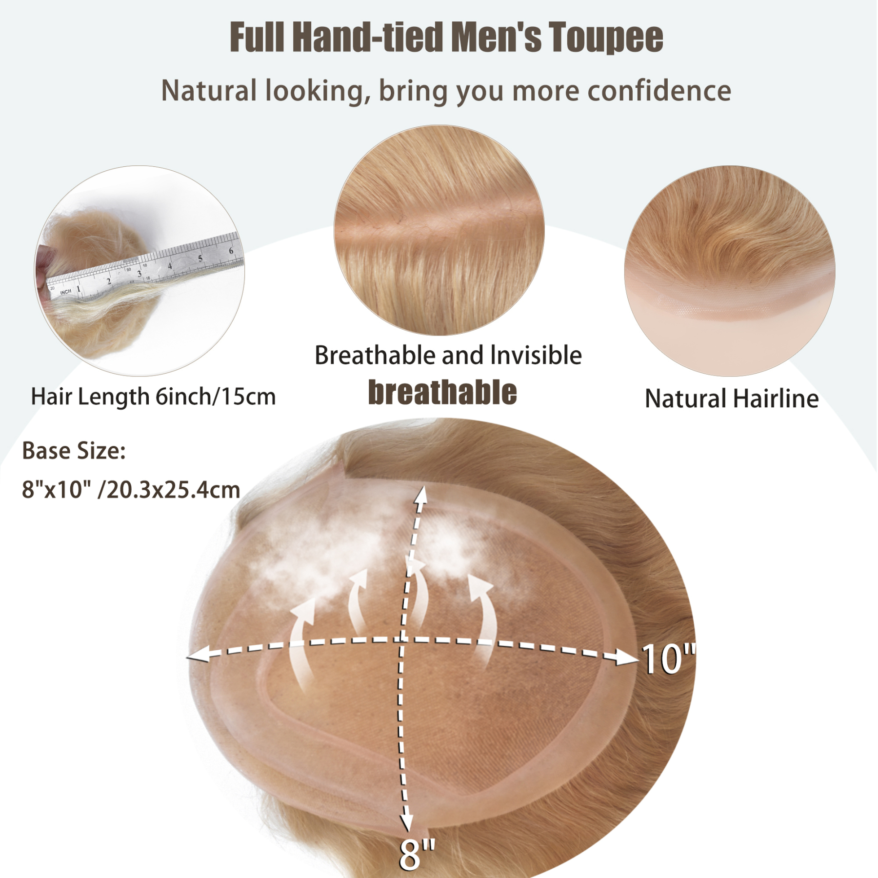 Meiverah Natural-Looking Handmade Full Hand-tied PU Mono Lace Men's Toupee -（21#，wavy）