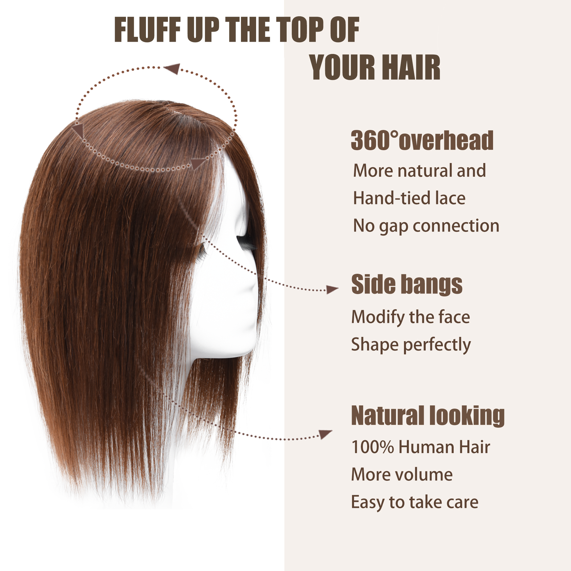 Meiverah Real Human Hair Hand-tied Mono Base Topper NO Bangs (Medium Moka Brown)- Clip-In Thick  Hairpiece for Women