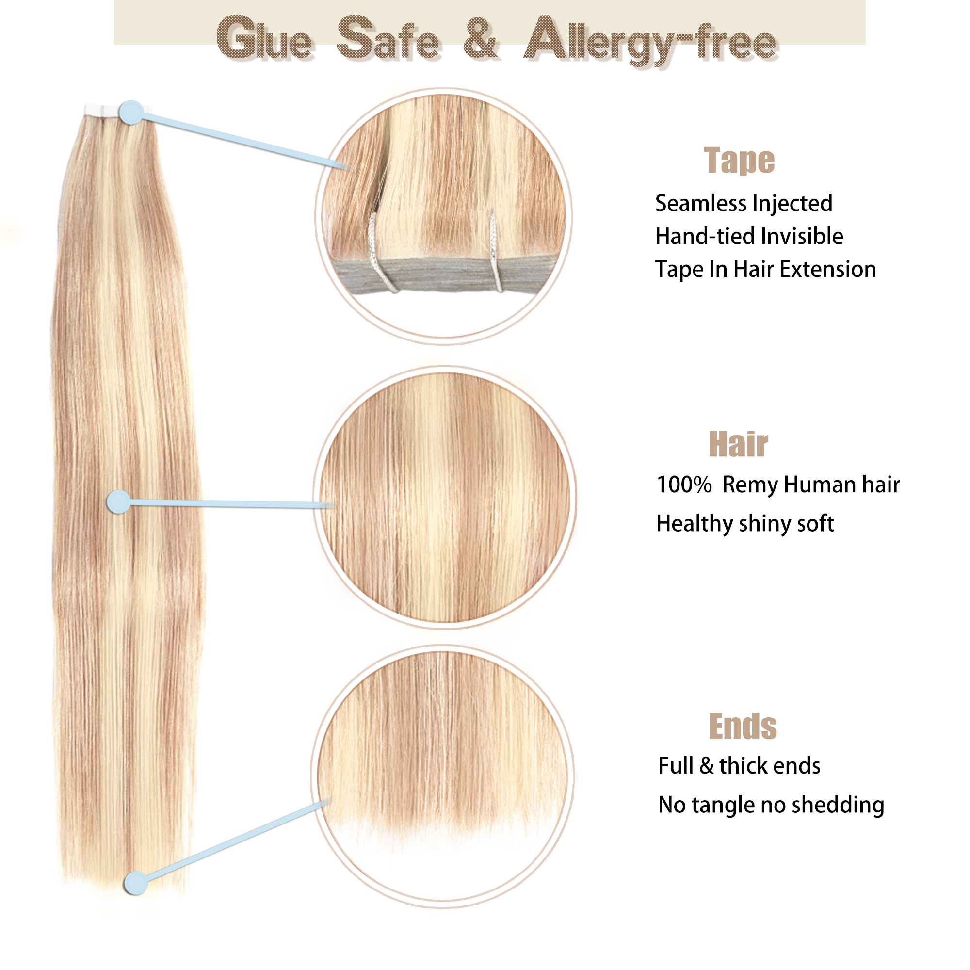 Meiverah Seamless Injected Hand-Tied Tape In Hair Extensions 20 Pcs/50 g Virgin Human Hair (#P27/613)