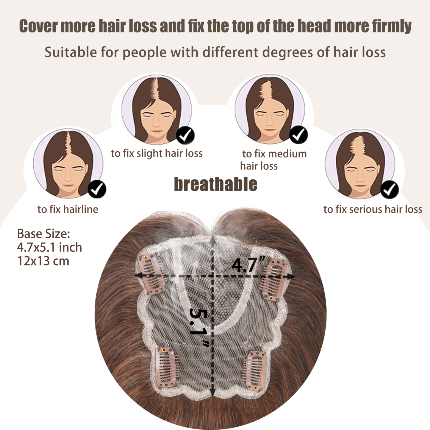 Meiverah Real Human Hair Hand-tied Mono Base Topper NO Bangs (Medium Moka Brown)- Clip-In Thick  Hairpiece for Women