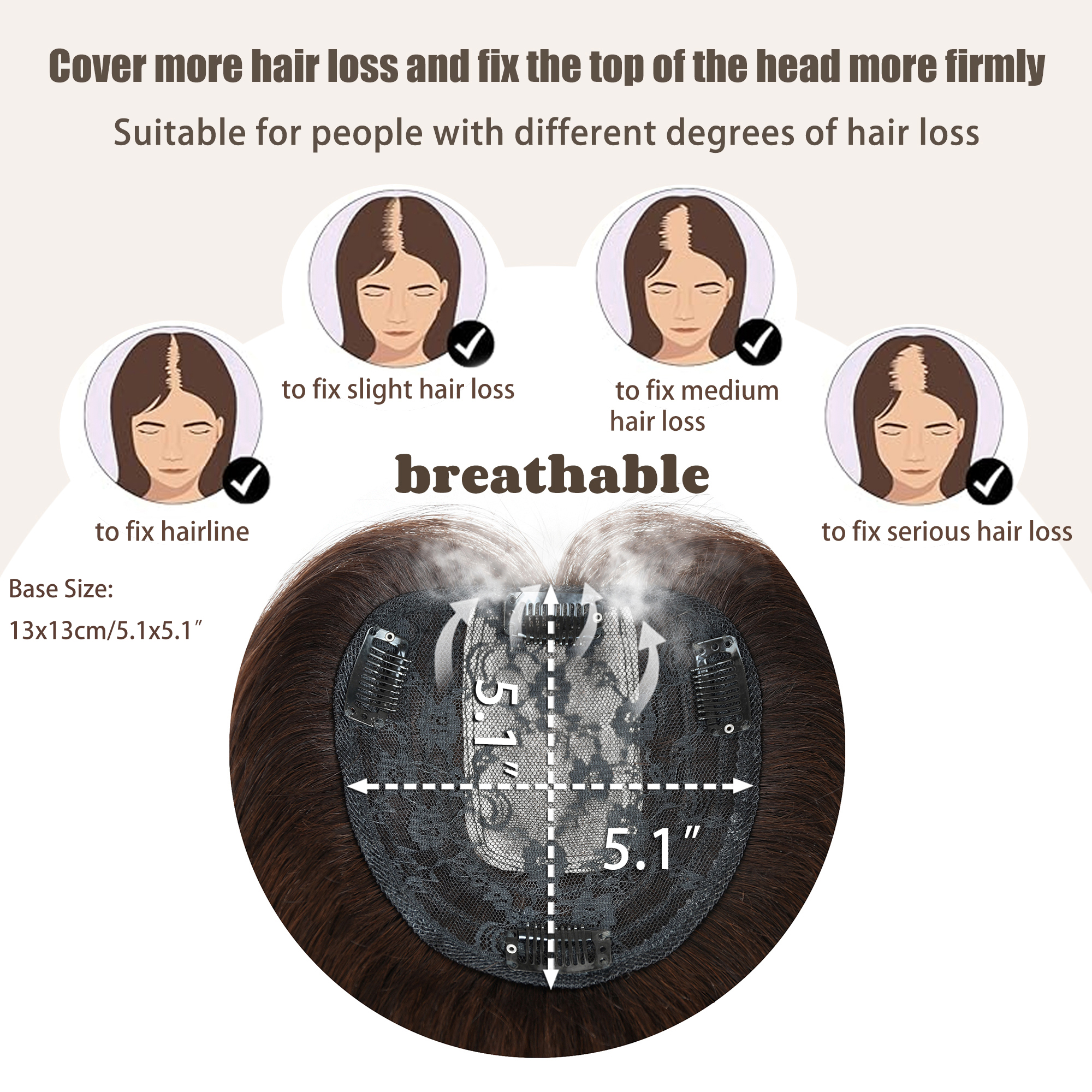 Meiverah Breathable PU Ultra-Thin Clip-In Women's Toupee - Natural Look Top Hair Piece with No Bangs -（3#）