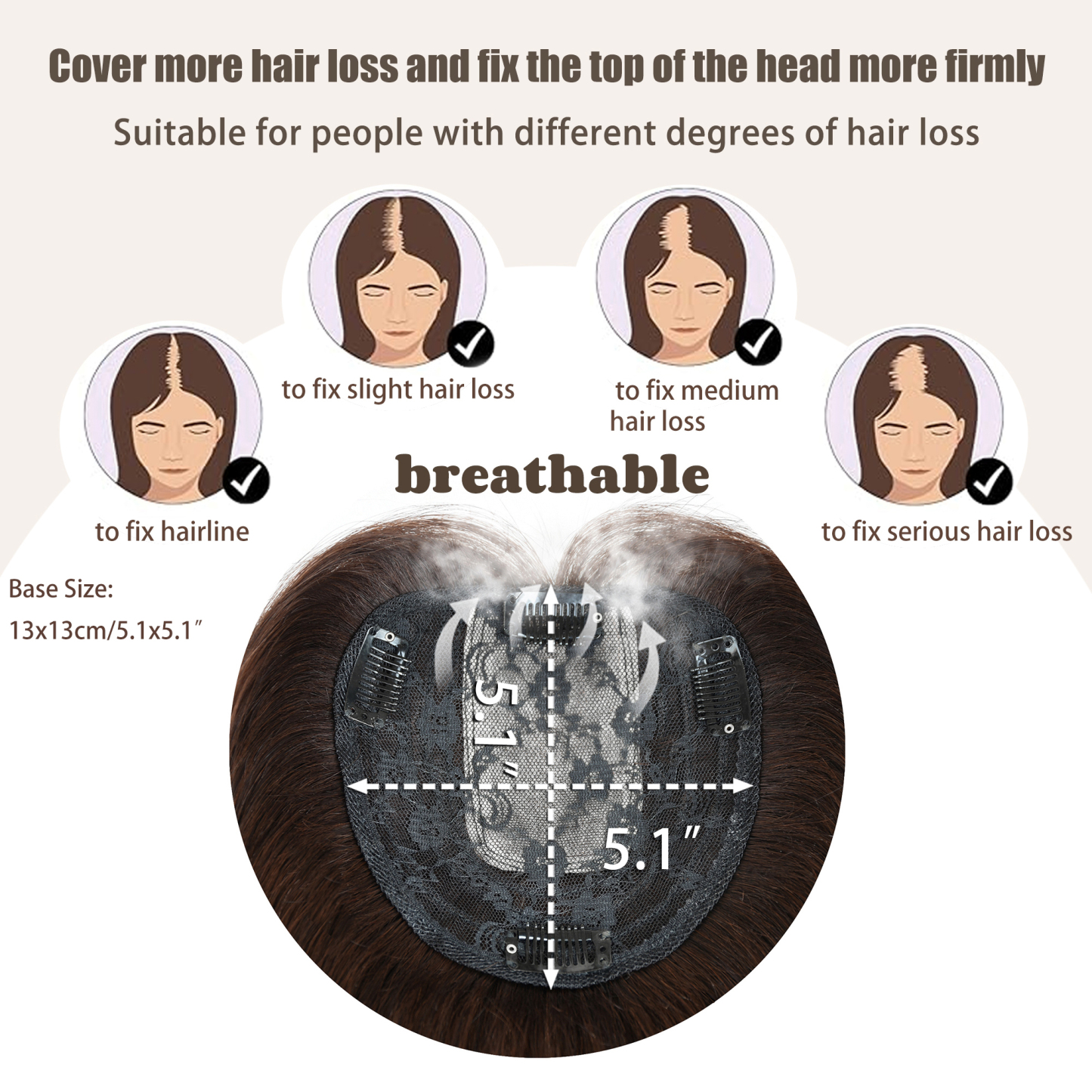 Meiverah Breathable PU Ultra-Thin Clip-In Women's Toupee - Natural Look Top Hair Piece with No Bangs -（3#）