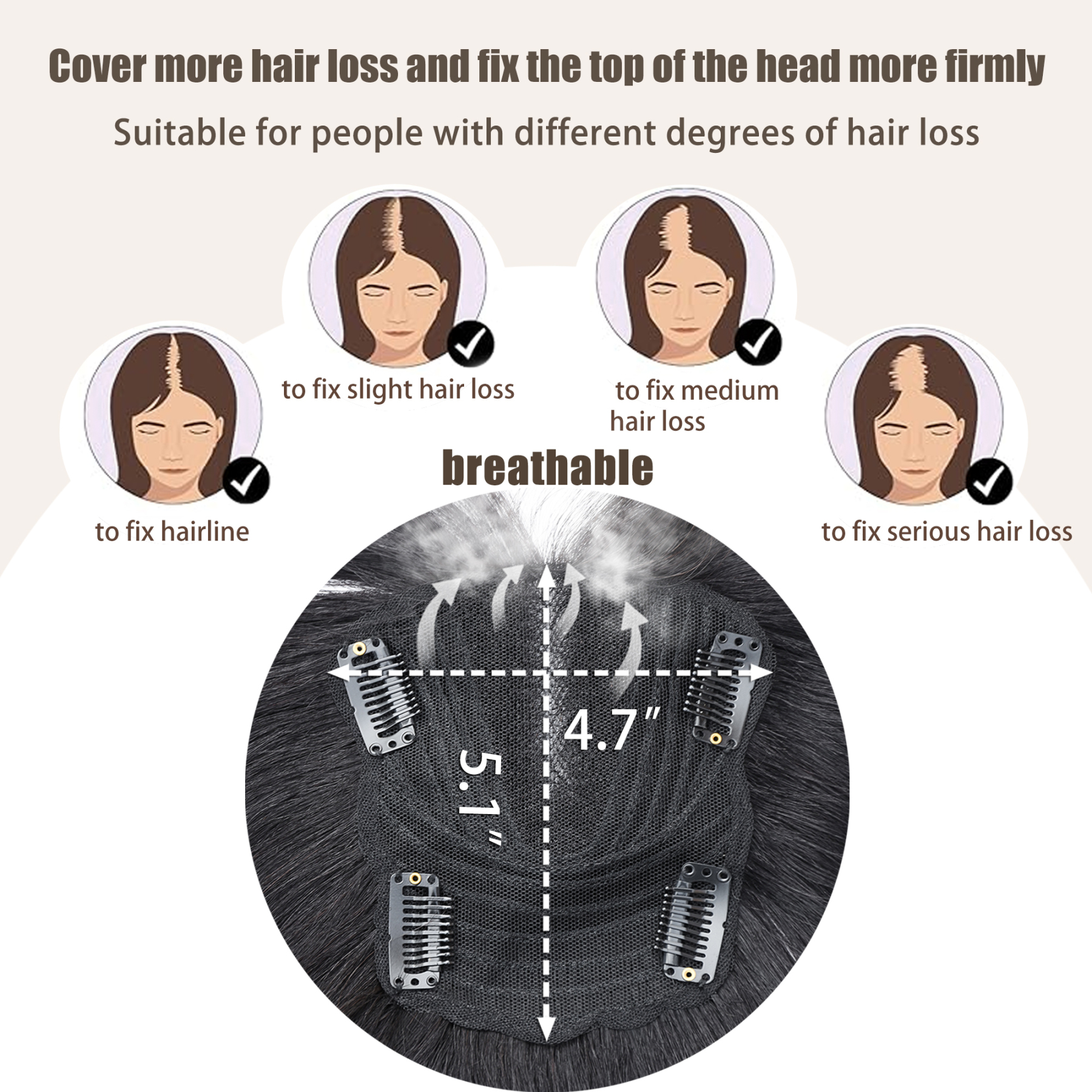 Meiverah Hair Real Human Hair Topper NO Bangs - Clip-In Thick Silk Base Hairpiece for Women (Natural Black)