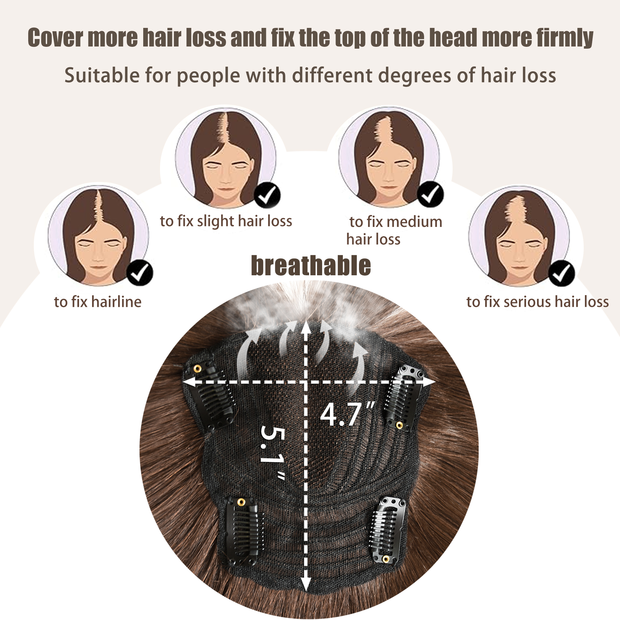 Meiverah Hair Real Human Hair Topper with Bangs - Clip-In Thick Silk Base Hairpiece for Women (Medium Brown)