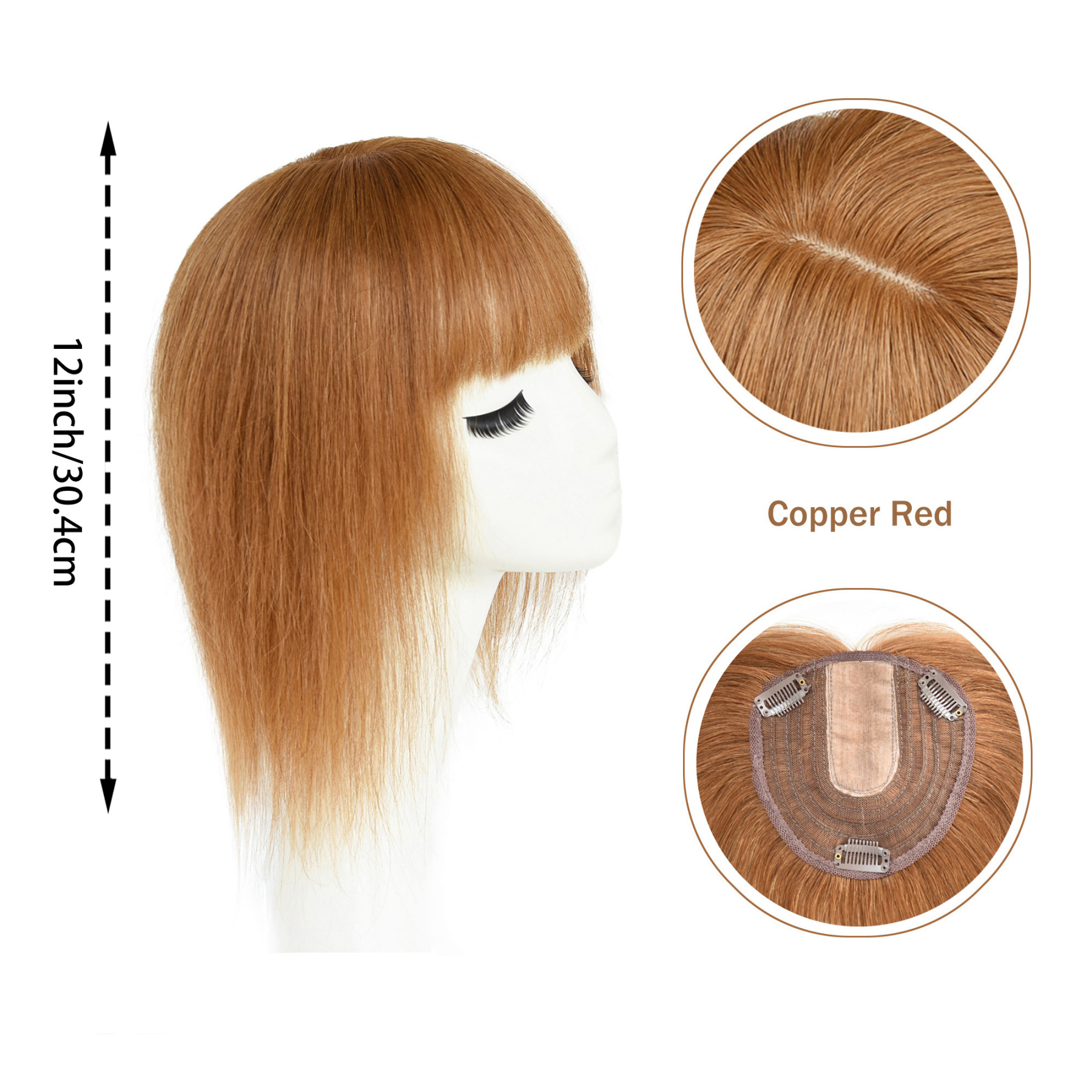 Meiverah Hair Real Human Hair Topper with Bangs Clip-In Thick PU Silk Base Hairpiece for Women (Copper Red)