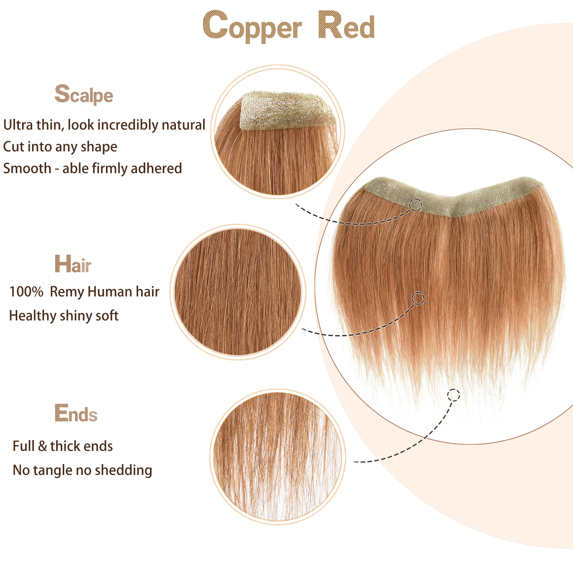 Meiverah Hair Frontal Hairpiece for Women Natural Black Hair Extension Hairline Loss Straight Tape in Human Hair Toppers Replacement Toupee (Copper Red)