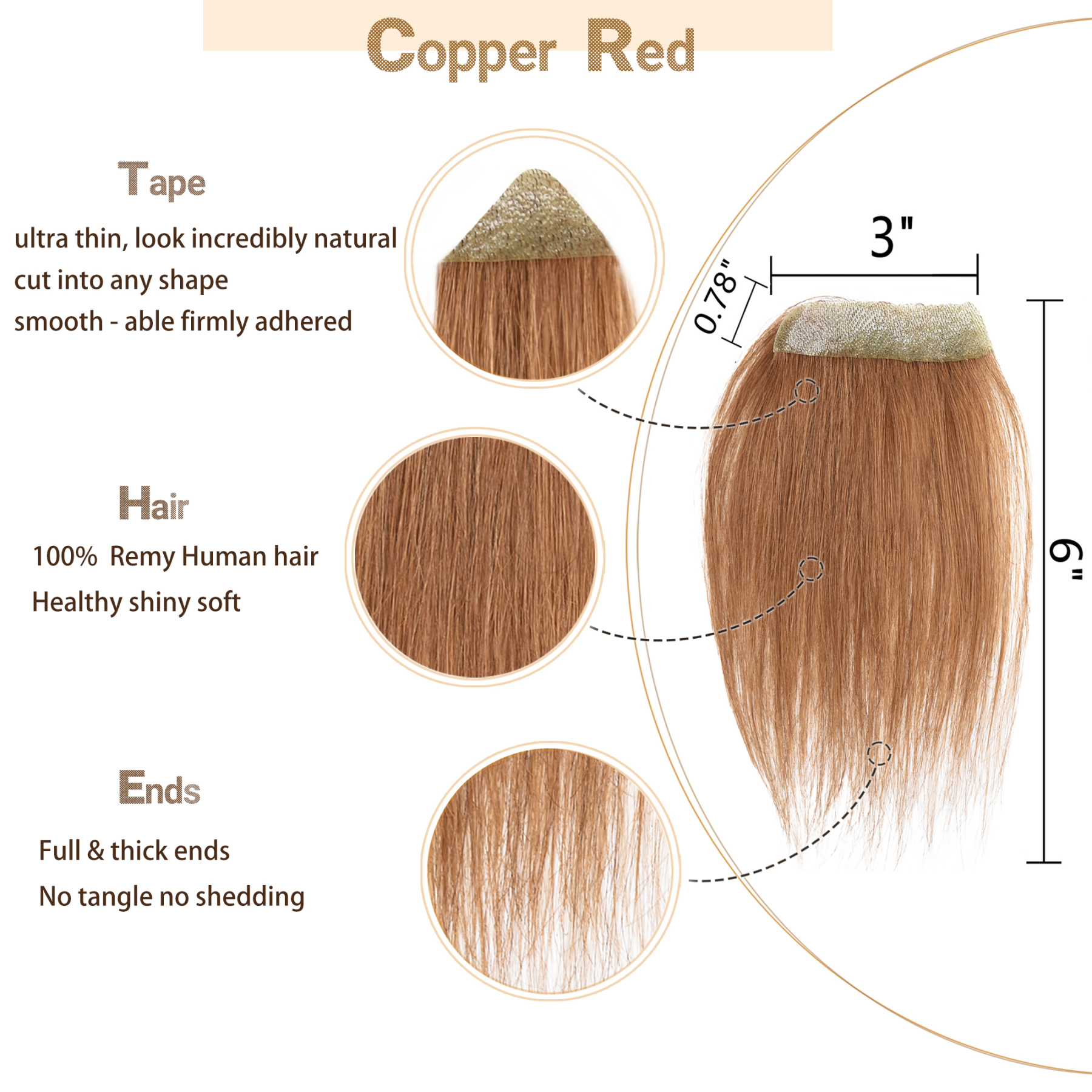 Meiverah Hair scar human hair replacement Accidental burns without hair for men women Hairline Loss Straight Tape in Replacement Toupee (Copper Red)