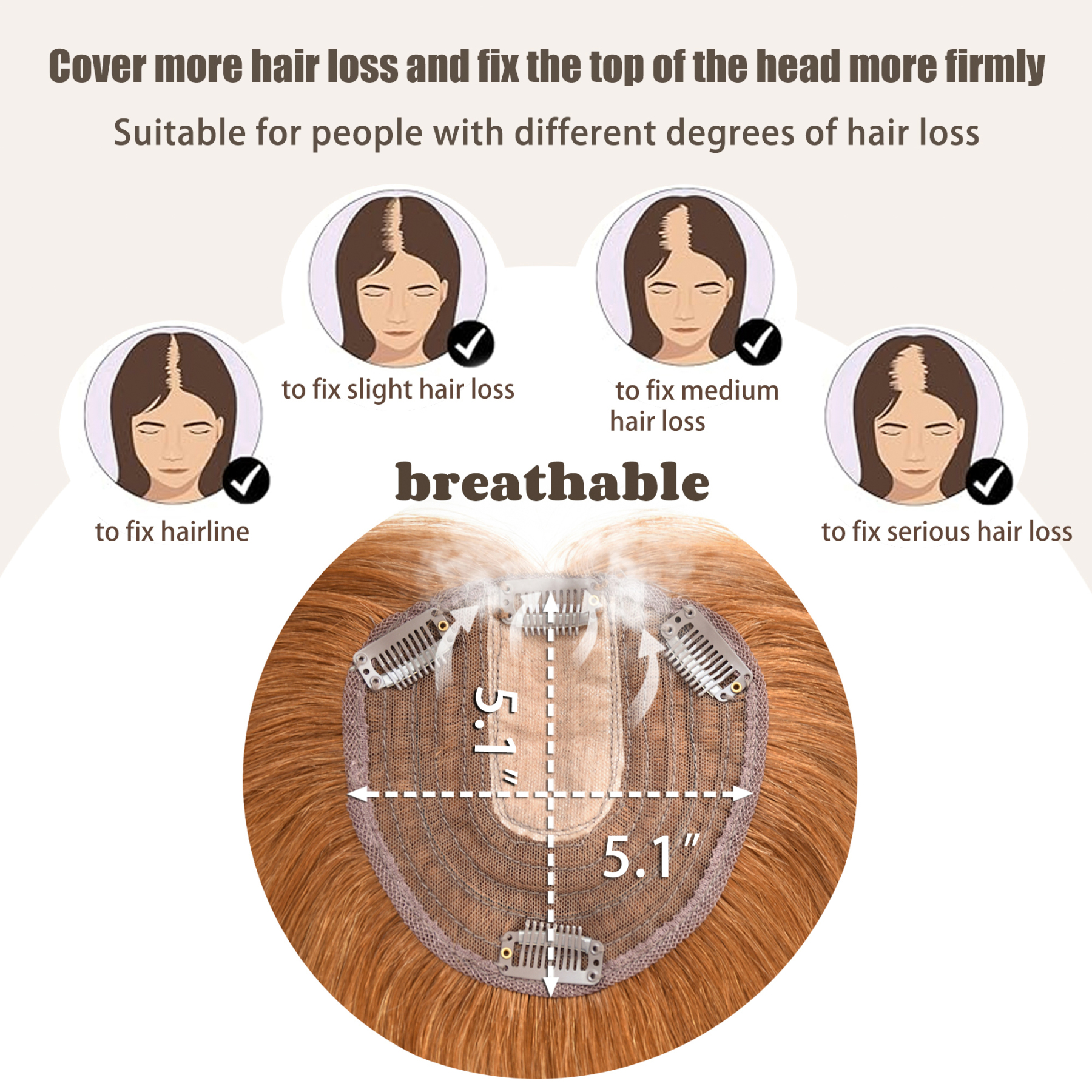 Meiverah Breathable PU Ultra-Thin Clip-In Women's Toupee - Natural Look Top Hair Piece with No Bangs -（30#）