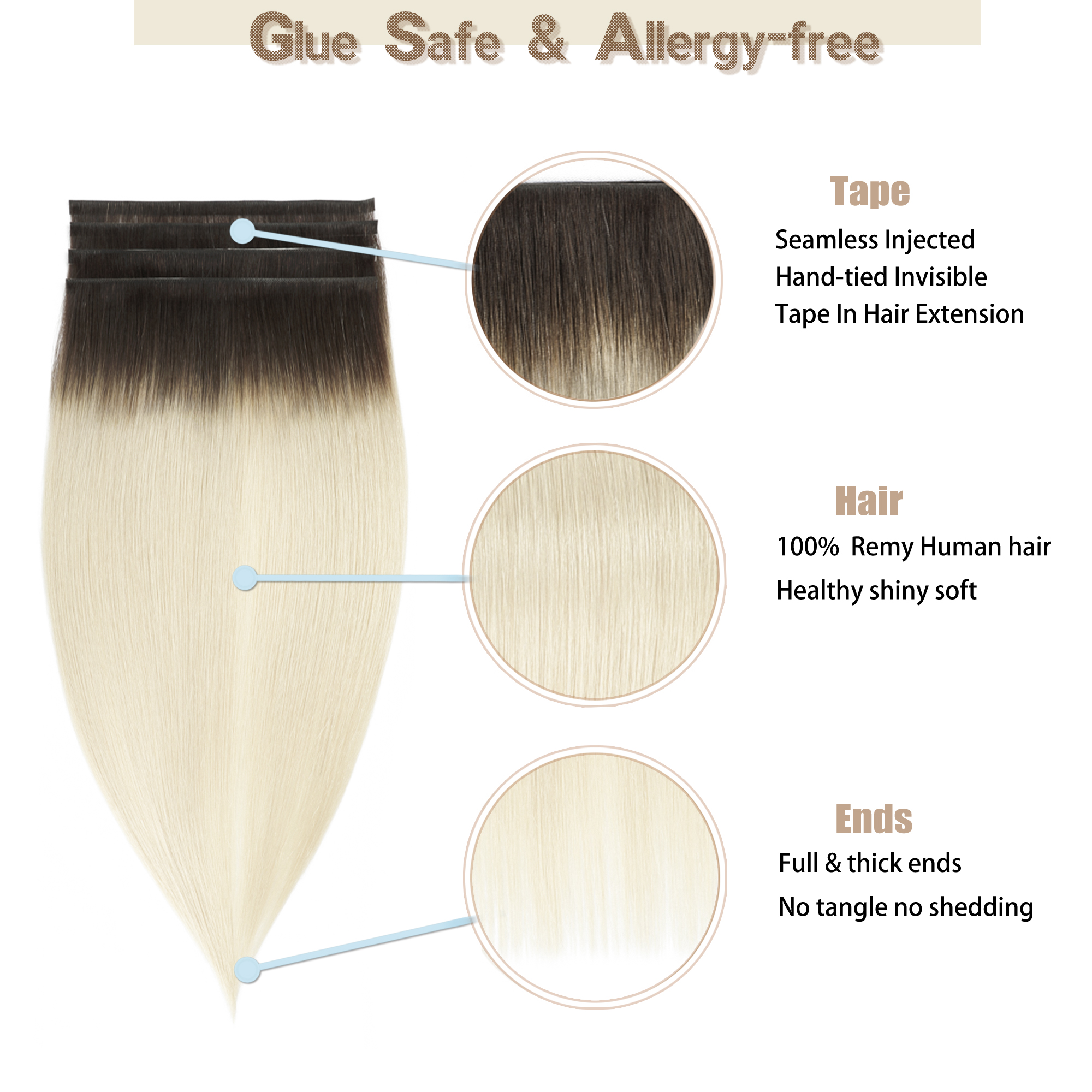 Meiverah 7.87 x 0.32 Inch Long Seamless Hand-Tied Invisible Tape-In Hair Extensions (4 Pcs) - Virgin Human Hair (#T2/60)