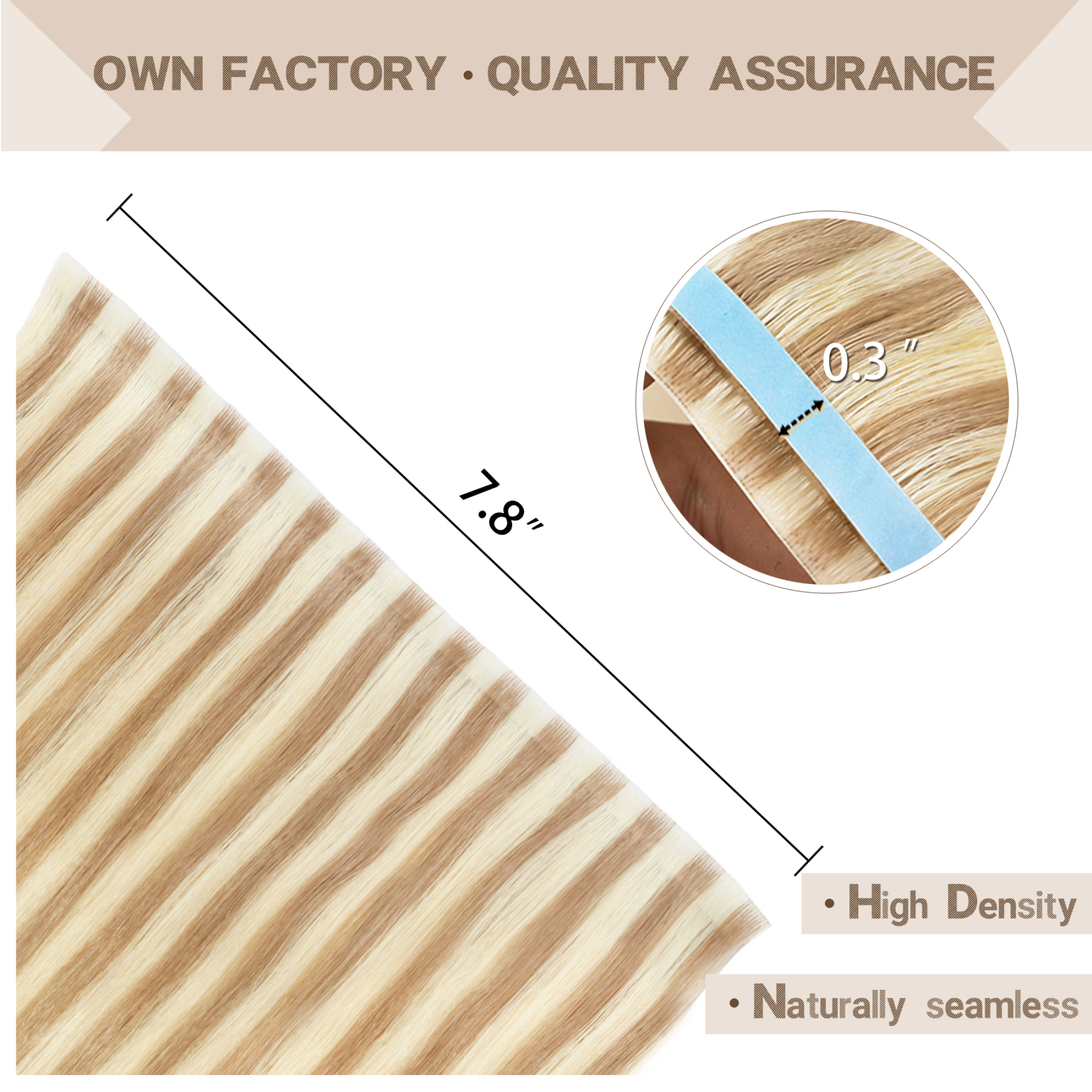 Meiverah 7.87 x 0.32 Inch Long Seamless Hand-Tied Invisible Tape-In Hair Extensions (4 Pcs) - Virgin Human Hair (#P18/613)