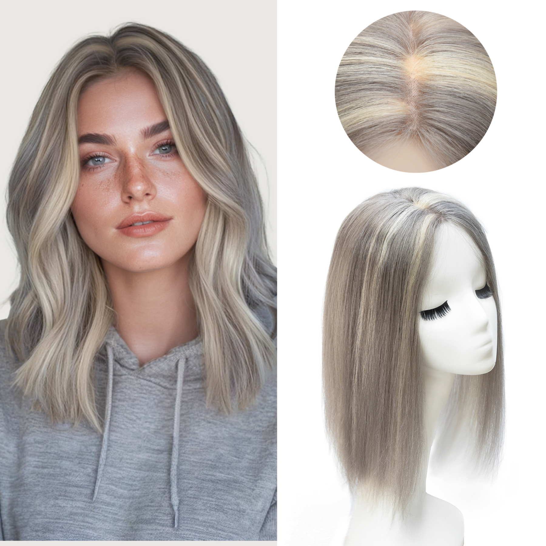 Meiverah Natural-Looking Handmade Full Hand-tied PU Mono Lace NO Bangs Clip-In Women Toupee -（P613/grey#）