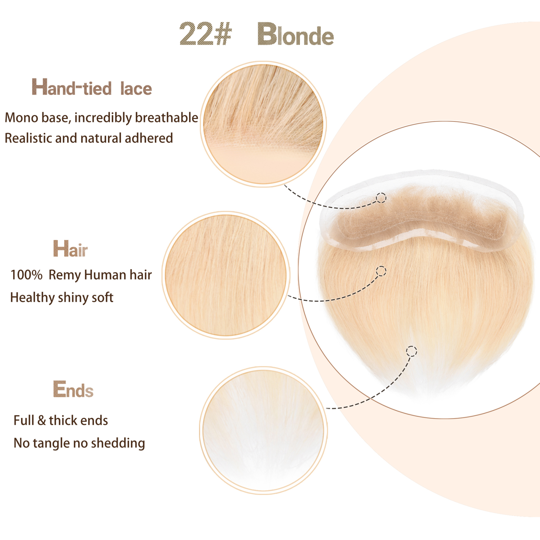 Meiverah Hair Frontal Hairpiece for Men Hand-tied Mono Base Hairline Human Hair Toppers Replacement Toupee（22#)