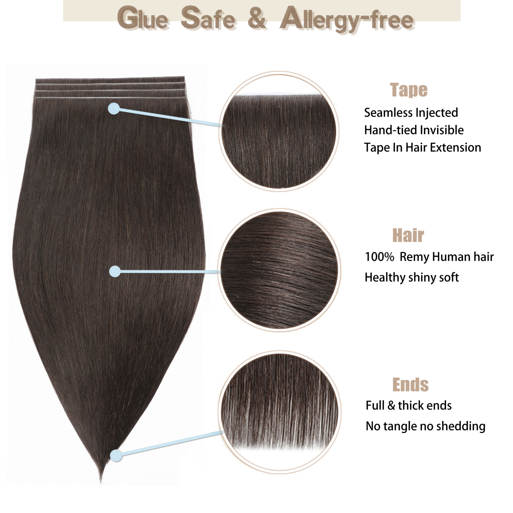 Meiverah 7.87 x 0.32 Inch Long Seamless Hand-Tied Invisible Tape-In Hair Extensions (4 Pcs) - Virgin Human Hair (#2)