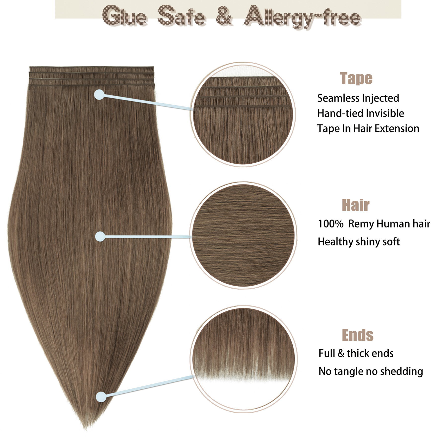 Meiverah 7.87 x 0.32 Inch Long Seamless Hand-Tied Invisible Tape-In Hair Extensions (4 Pcs) - Virgin Human Hair (#4)