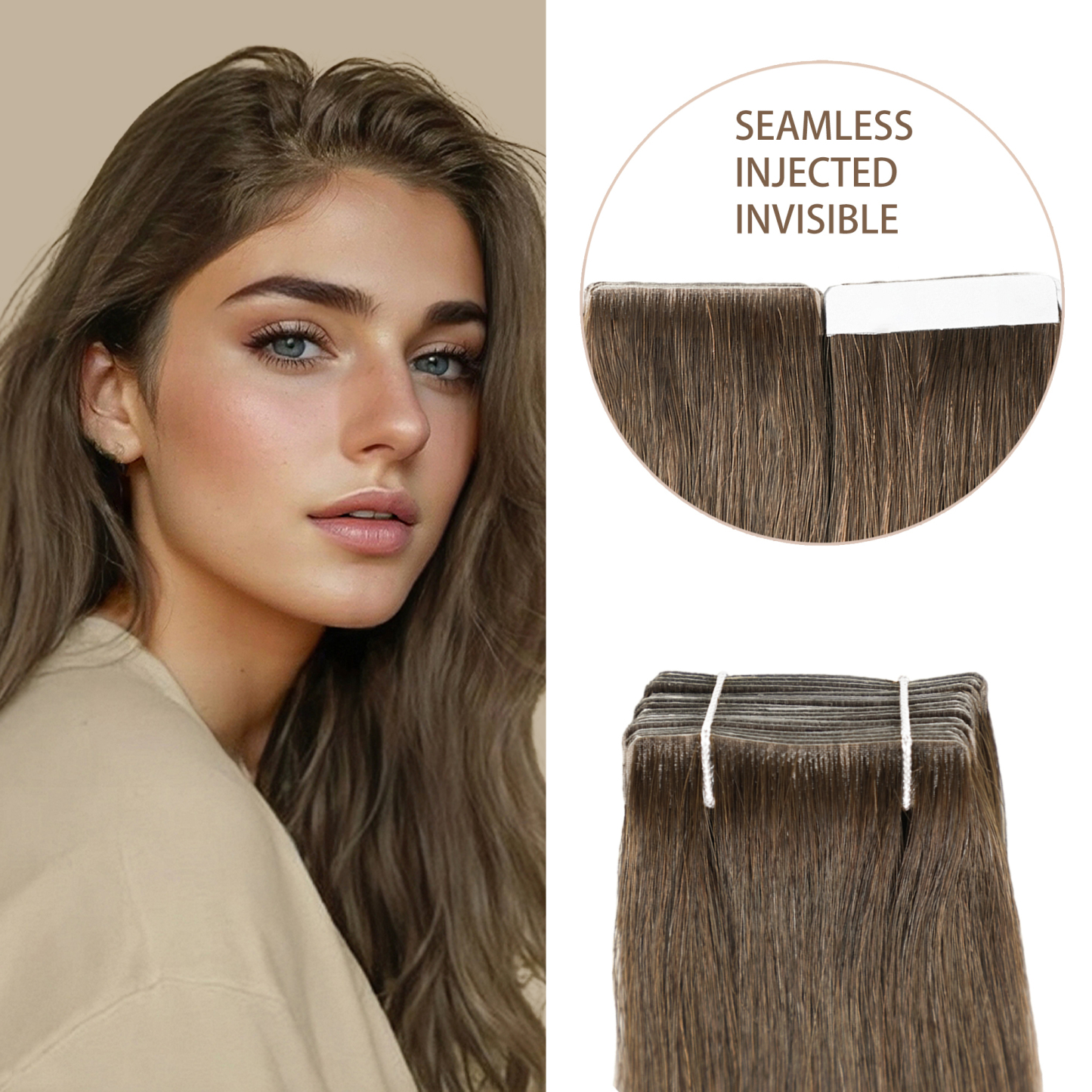 Meiverah Seamless Injected Hand-Tied Tape In Hair Extensions 20Pcs/50g Virgin Human Hair (#4)