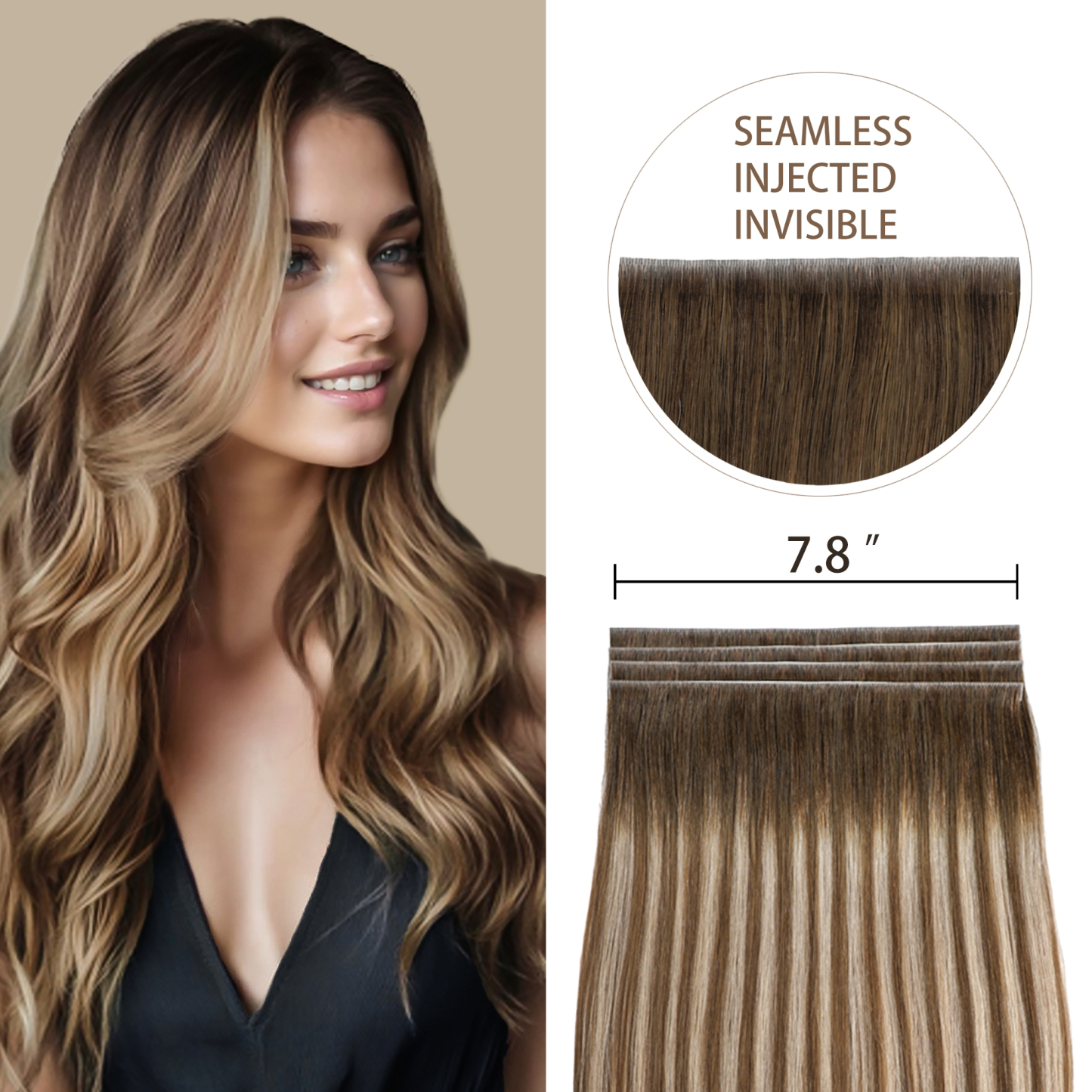 Meiverah 7.87 x 0.32 Inch Long Seamless Hand-Tied Invisible Tape-In Hair Extensions (4 Pcs) - Virgin Human Hair (#P4/27/T4)