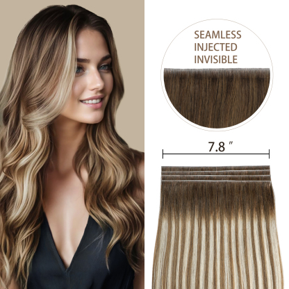 Meiverah 7.87 x 0.32 Inch Long Seamless Hand-Tied Invisible Tape-In Hair Extensions (4 Pcs) - Virgin Human Hair (#P4/27/T4)