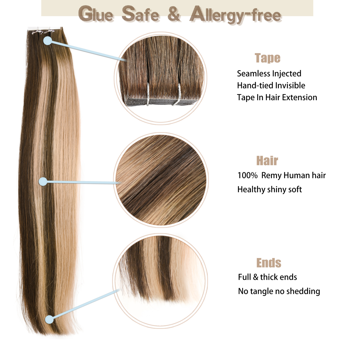 Meiverah Seamless Injected Hand-Tied Tape In Hair Extensions 20 Pcs/50 g Virgin Human Hair (#P4-27-T4)