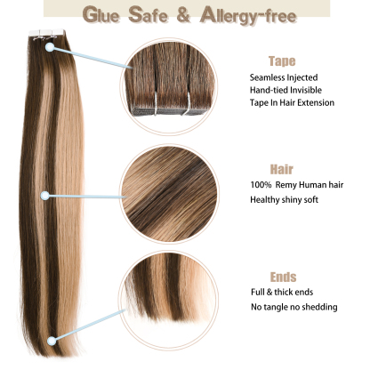 Meiverah Seamless Injected Hand-Tied Tape In Hair Extensions 20 Pcs/50 g Virgin Human Hair (P4-27-T4)
