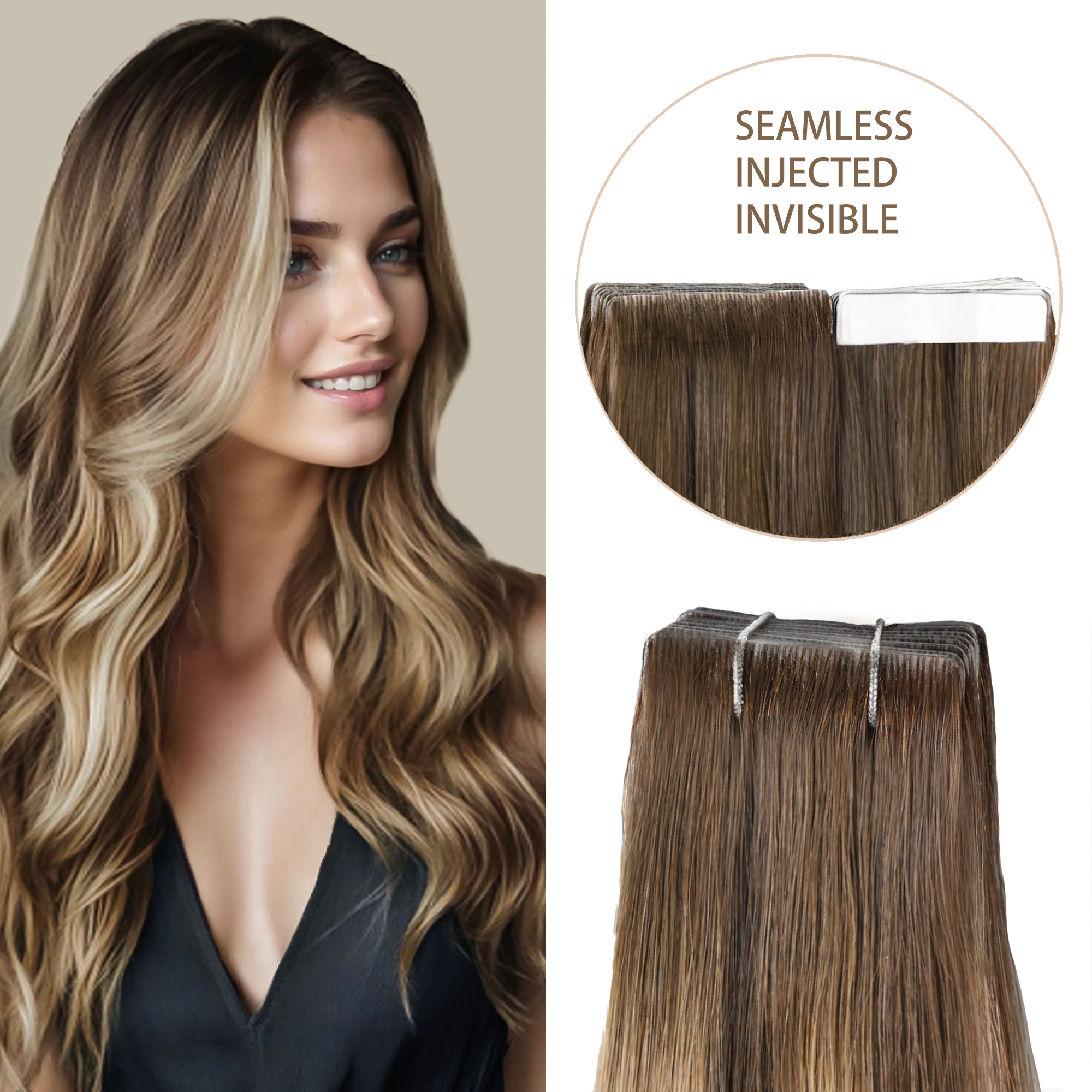 Meiverah Seamless Injected Hand-Tied Tape In Hair Extensions 20 Pcs/50 g Virgin Human Hair (#P4-27-T4)