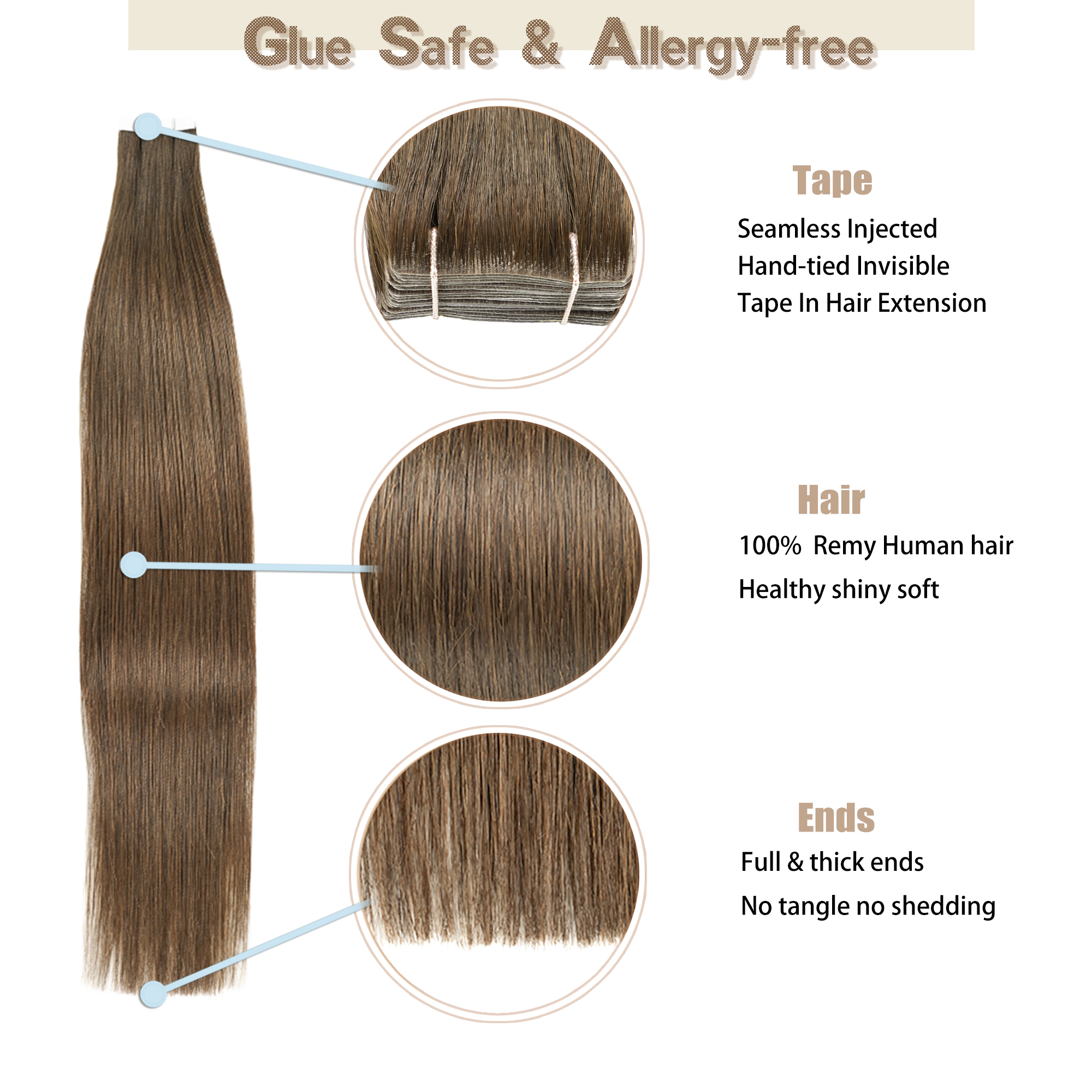 Meiverah Seamless Injected Hand-Tied Tape In Hair Extensions 20Pcs/50g Virgin Human Hair (#4)