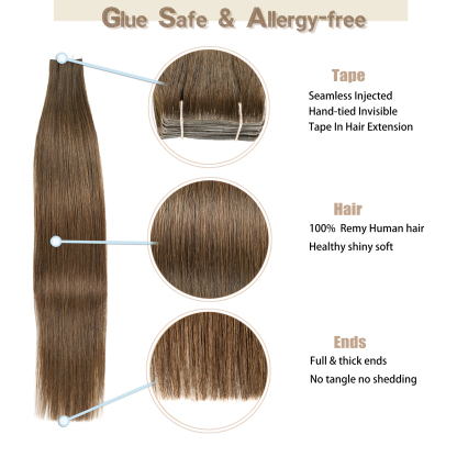 Meiverah Seamless Injected Hand-Tied Tape In Hair Extensions 20Pcs/50g Virgin Human Hair (#4)