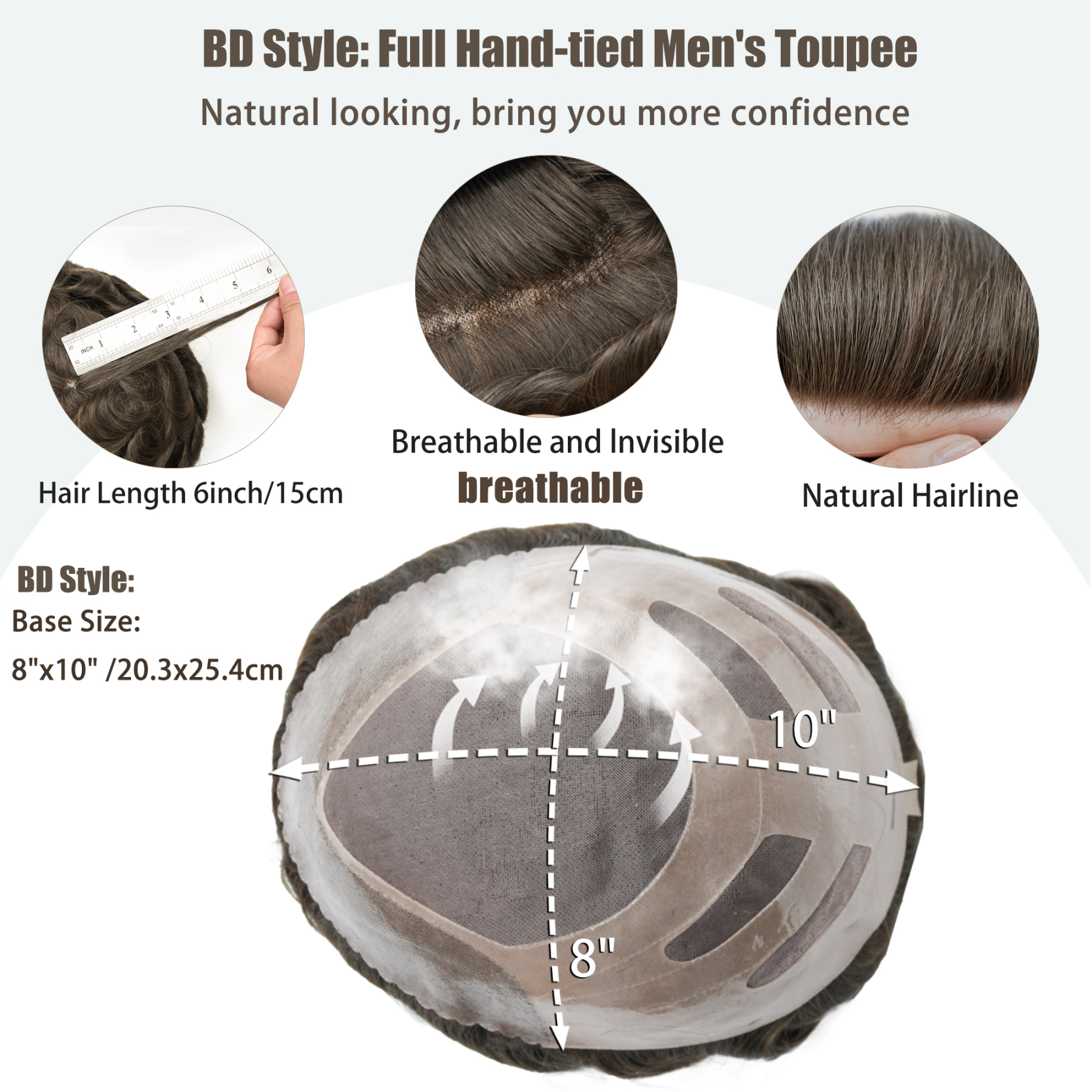 Meiverah Natural-Looking Handmade Men's Top Wig - BD Style (4 Color)
