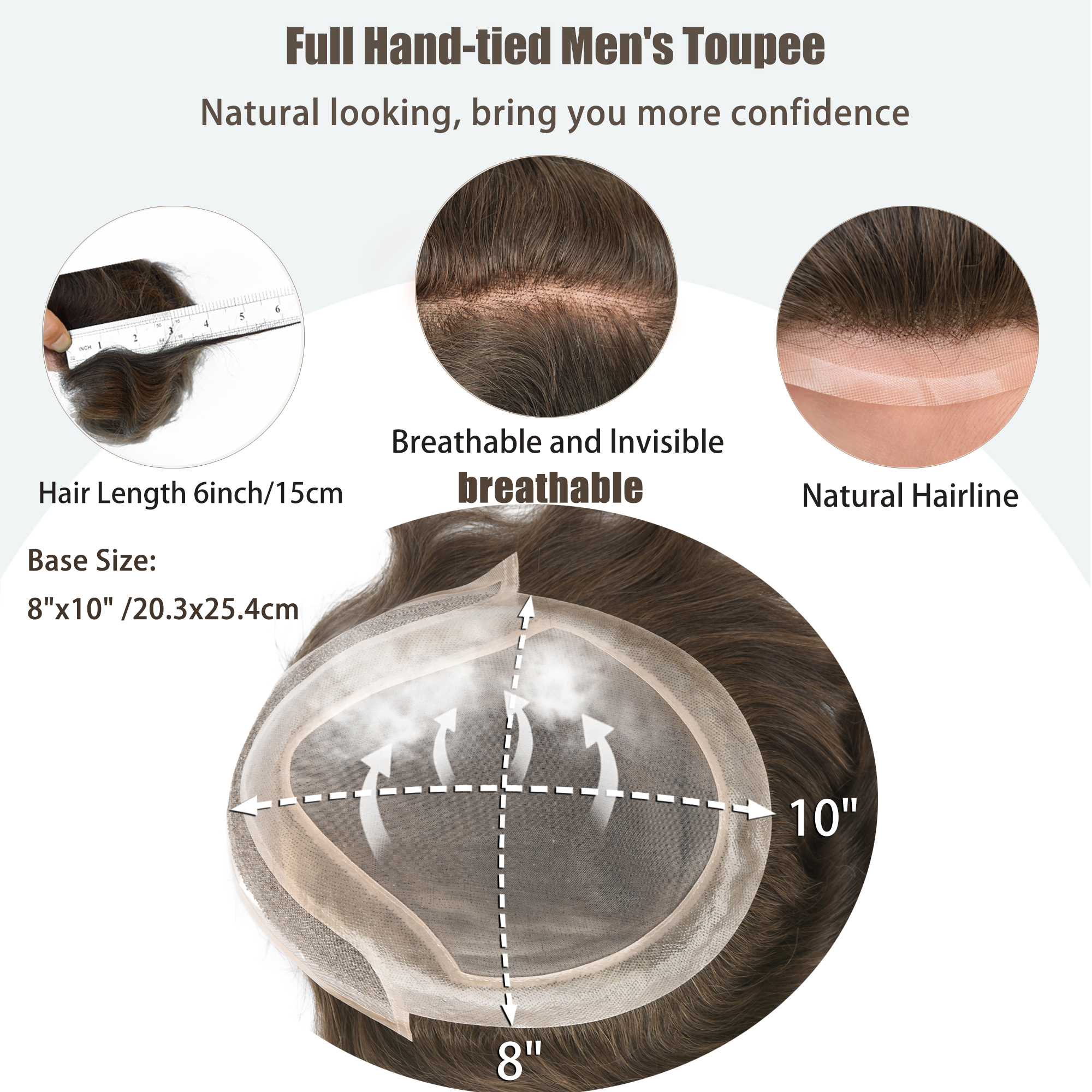 Meiverah Natural-Looking Handmade Full Hand-tied PU Mono Lace Men's Toupee -（4#，wavy）